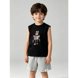 MC313 ชุดเด็กผู้ชายแขนกุด ลายหุ่นยนต์ เสื้อกล้าม + กางเกงขาสั้น ใส่สบาย