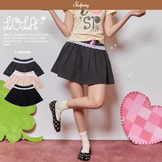 Lola_SP134 กางเกงกระโปรงเอวยางยืด แต่งลูกไม้ ทรงพองน่ารัก โลโก้สุดปัง ใส่สบาย