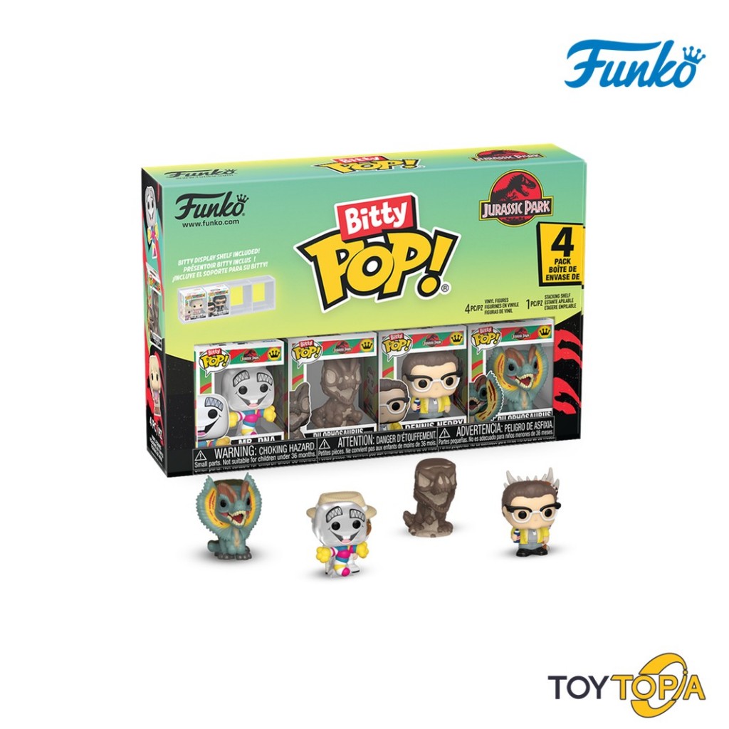 (92955)Mr. DNA, Dilophosaurus Fossil, Dennis Nedry, Dilophosaurus Bitty POP!: Jurassic Park by Funkoo (Pack 4)