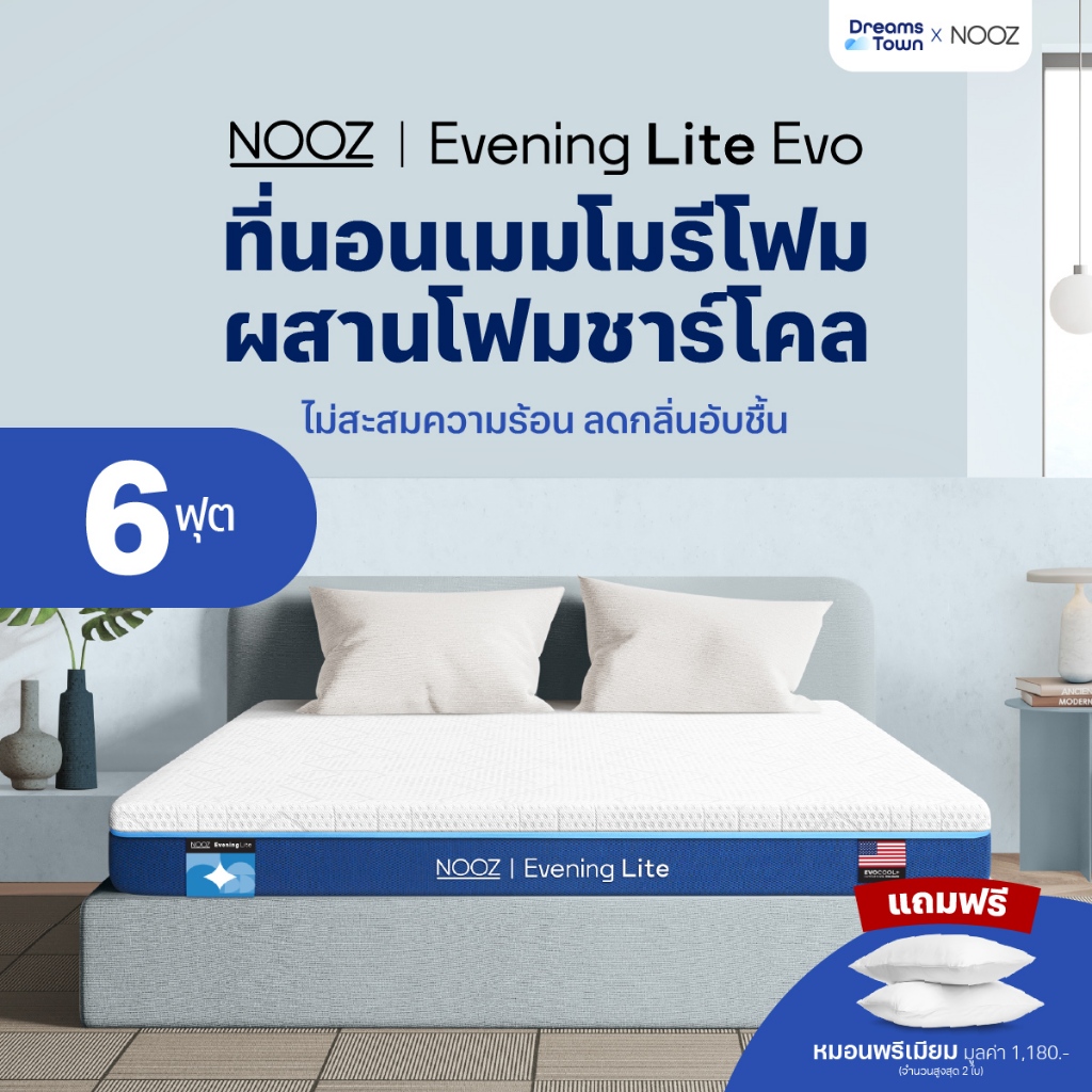 NOOZ ที่นอนเมมโมรี่โฟม ผสมคูลลิ่งเจลไม่กักเก็บความร้อน  Memory Foam รุ่น  Evening Lite Evo หนา 4 นิ้ว 5 ฟุต
