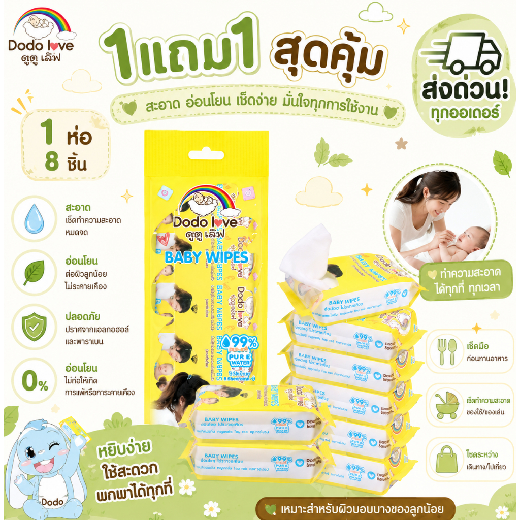 [ส่งด่วน] DoDoLove x MommyKids ทิชชู่เปียกสีเหลือง ขนาดพกพา 1แถม1 [ยกแพ็ค 8 ห่อ]  8 แผ่น/ห่อ สูตรอ่อนโยน