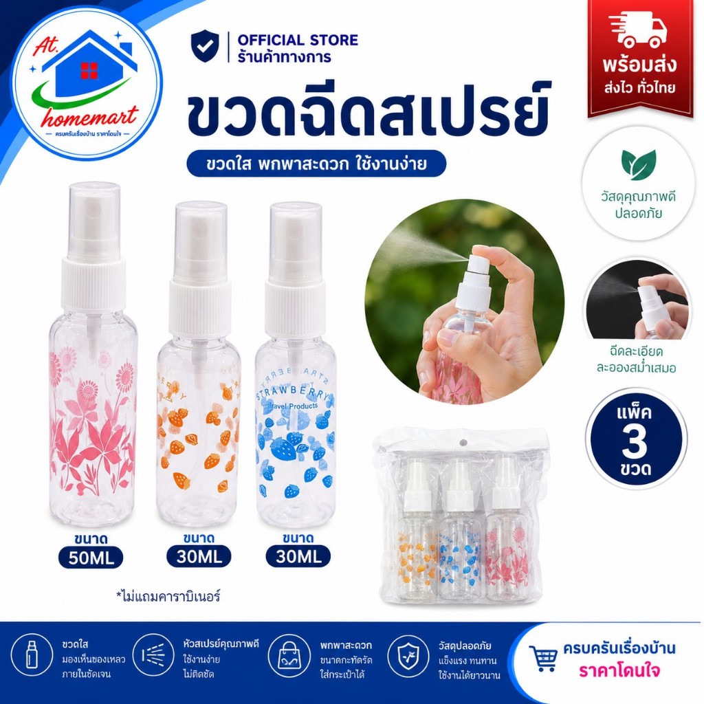 AT.Homemart ขวดสเปรย์ ขนาดพกพา ใช้ฉีดได้อเนกประสงค์ทั่วไป วัสดุพลาสติก คละสี