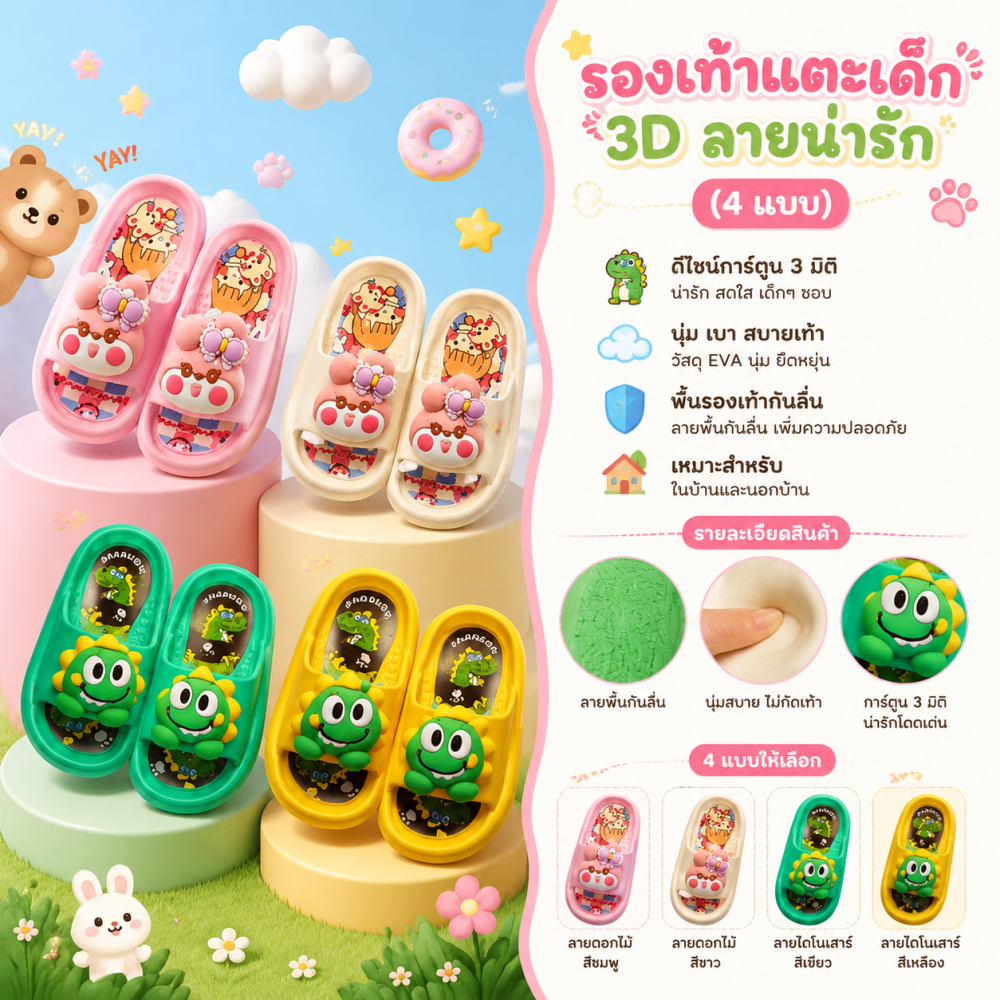 รองเท้าแตะเด็กไดโนเสาร์ การ์ตูนสไตล์น่ารัก มีความทนทาน ✨และนุ่มพิเศษ✨