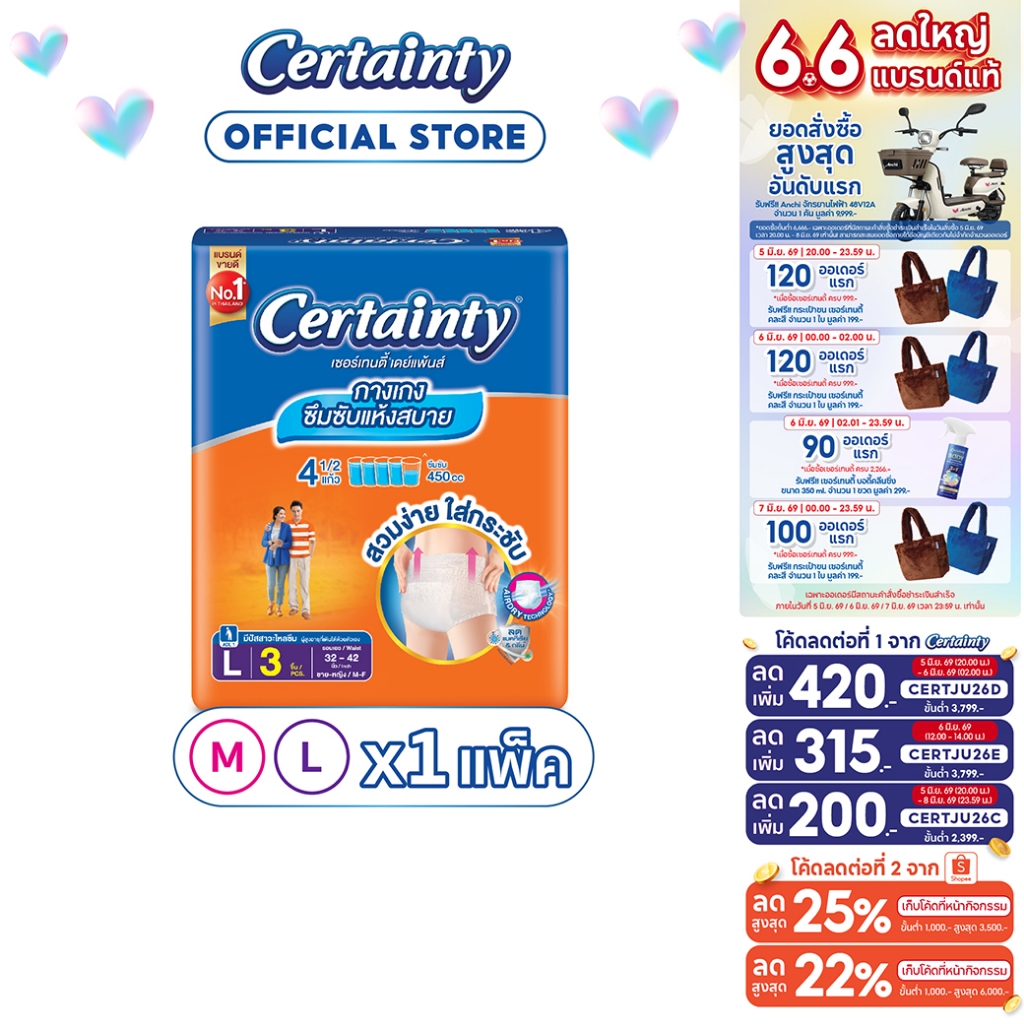 Certainty DayPants กางเกงอนามัย เซอร์เทนตี้ เดย์แพ้นส์ ไซส์ M,L ขนาดทดลอง 3 ชิ้น