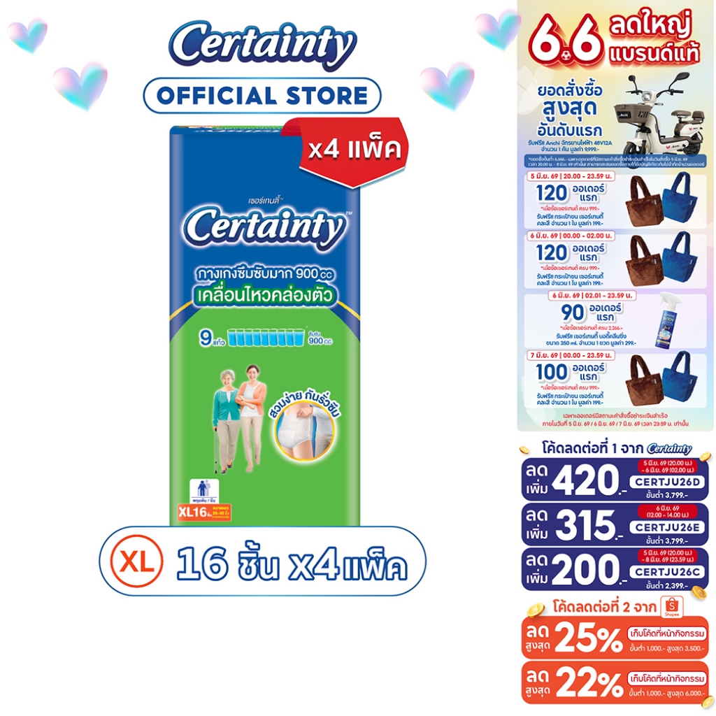 Certainty Superpants กางเกงผ้าอ้อม เซอร์เทนตี้ ซุปเปอร์แพ้นส์ ขนาดประหยัด ไซส์XL (16pcs) x 4แพ็ค