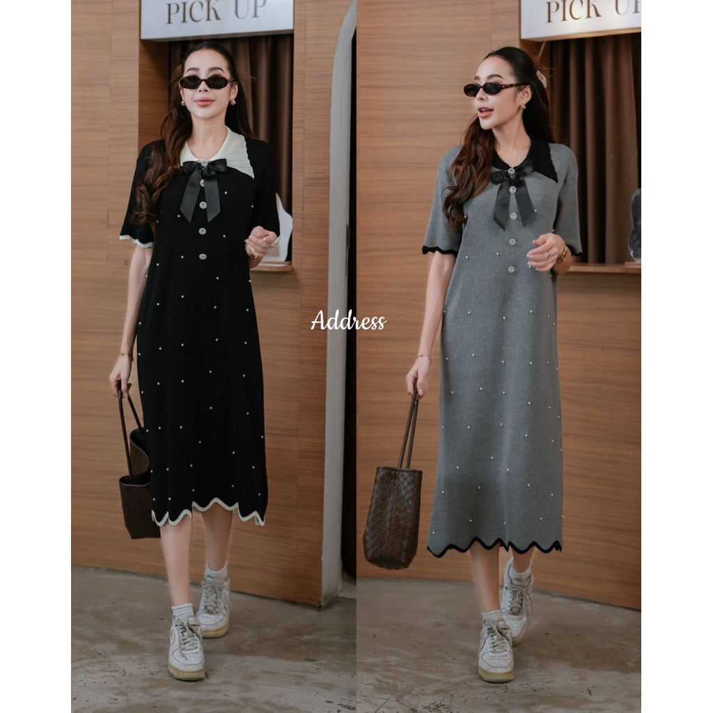 🌈🌿🌼🌸🌺🖤🩶🇰🇷 Knit Color Collar Bow Brooch Pearl Maxi Dress