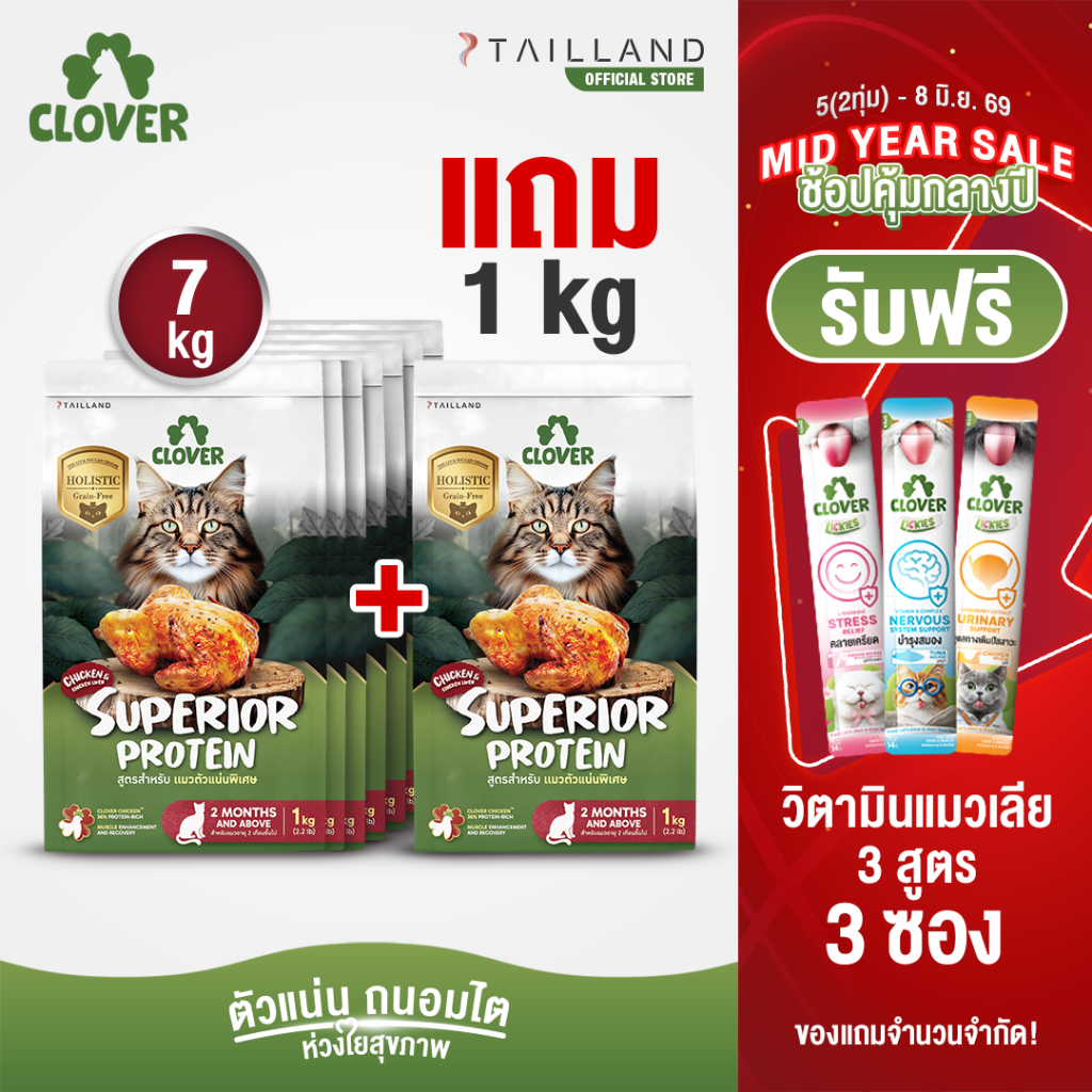 (7 แถม 1kg) Clover สูตร Superior Protein ตัวแน่นพิเศษแน่ สำหรับแมวอยากตัวแน่น holistic grain-free ตัวแน่น ถนอมไต