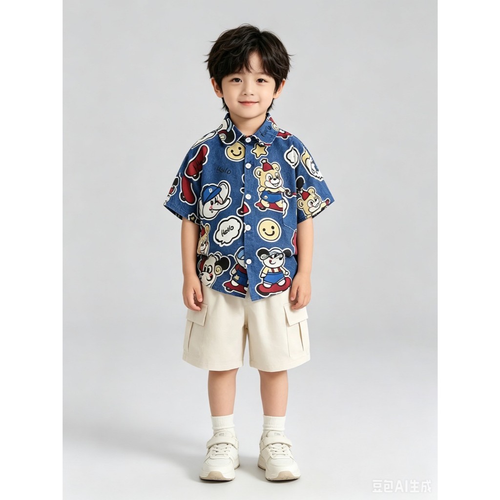 BB306 ชุดเด็กฤดูร้อน เสื้อเชิ้ตลายการ์ตูนหน้ายิ้ม รูปที่ 2