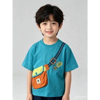 BB324 เสื้อทีเชิร์ตลูกชายฤดูร้อน สีฟ้าเขียว กระเป๋าสะพายผ้าจริงติดเสื้อหลายเฉดสี