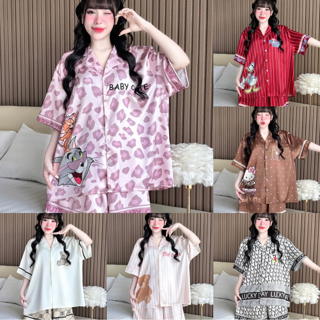 🔥เข้าใหม่🔥 ชุดนอนแขนสั้น-ขาสั้นสาวอวบผ้า silk satin อก-52”(2XL)