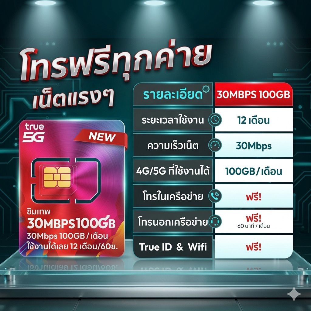 ซิมเทพทรู ซิมTrue เน็ตเร็ว 30MB ปริมาณ 100GB / ด. ใช้ได้ 12 เดือน ซิมเทพ ซิมทรูรายปี