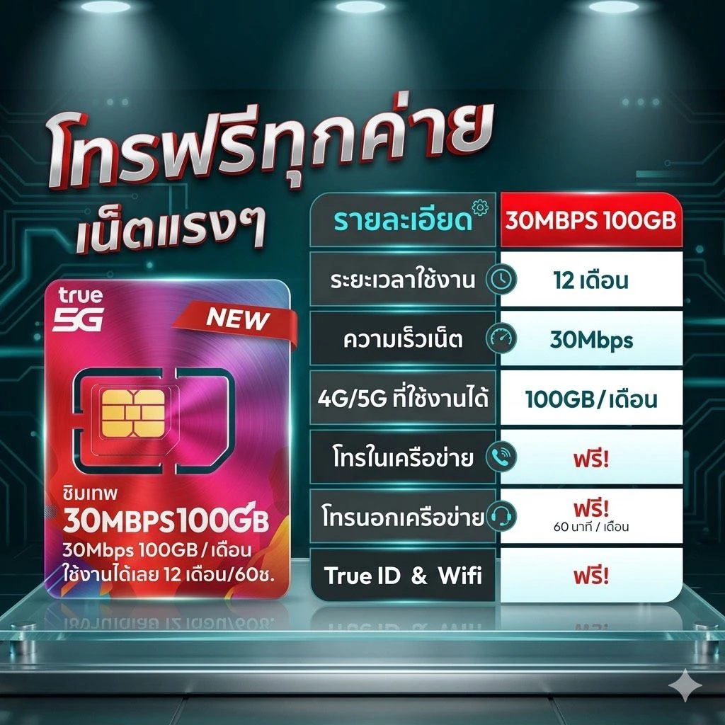 ซิมเทพทรู ซิมTrue เน็ตเร็ว 30MB ปริมาณ 100GB / ด. ใช้ได้ 12 เดือน ซิมเทพ ซิมทรูรายปี