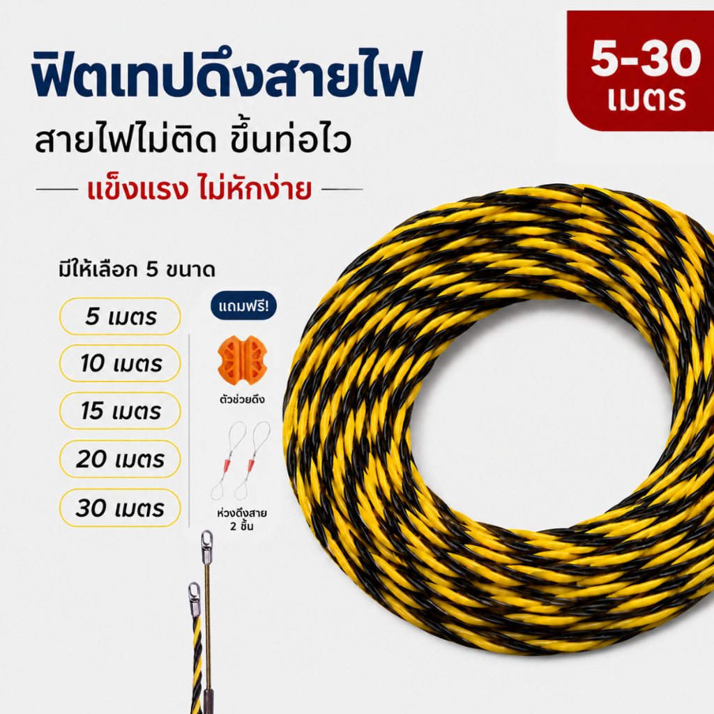 (NXX) Fish Tape ฟิตเทป ดึงสายไฟในท่อ มีสีทอง สีดำแดง กับสีดำเหลือง ความยาว 5 10 15 20 30M