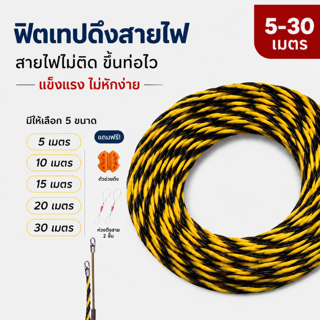 Fish Tape ฟิตเทป ดึงสายไฟในท่อ สีดำเหลือง ความยาว 10_15_20_30 เมตร