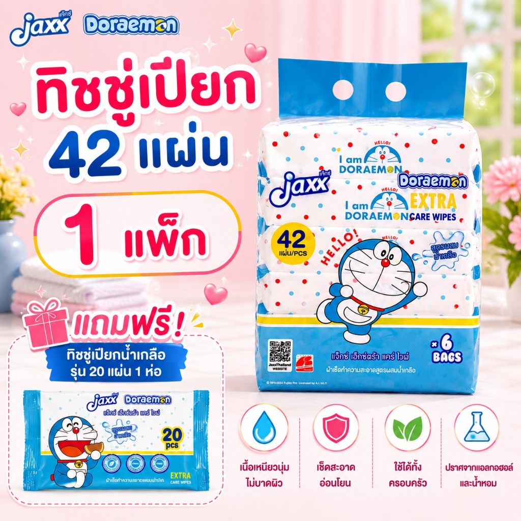 (6ห่อ) Jaxx ทิชชู่เปียก สูตรผสมน้ำเกลือ รุ่น 42 แผ่น ลิขสิทธิ์แท้ โดราเอม่อน พร้อมฝาเปิด-ปิด
