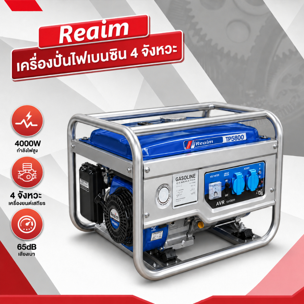 REAIM เครื่องปั่นไฟเบนซิน 4000W เครื่องกำเนิดไฟฟ้า 4 จังหวะ สำหรับบ้านและกลางแจ้ง