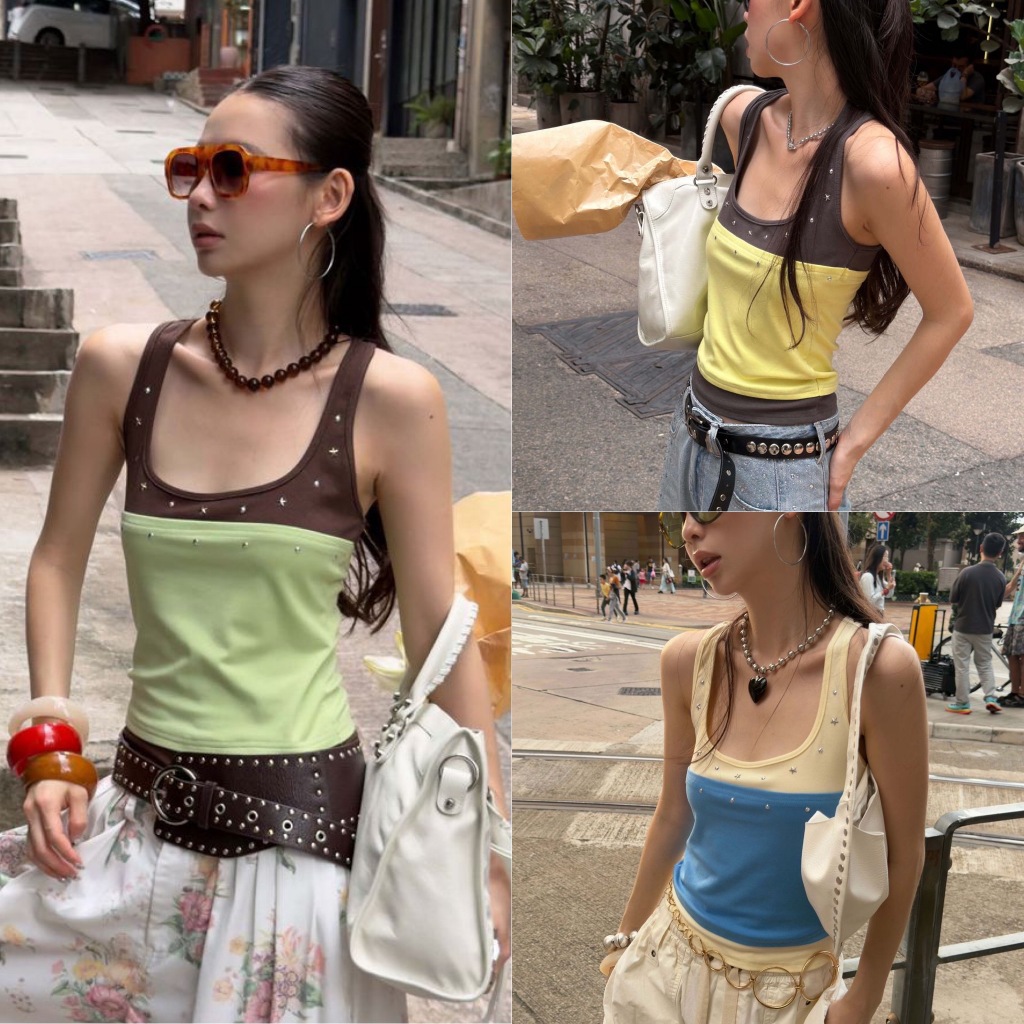 BY0556 เสื้อกล้ามทูโทนแต่งหมุด ทรงคอลึก เนื้อผ้าร่องยืด benly co
