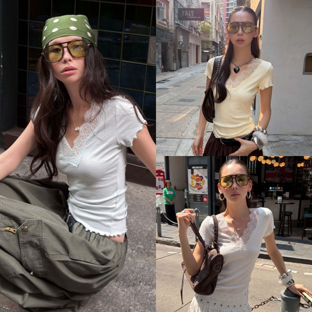 BY0526 เสื้อแขนสั้นคอวีแต่งลูกไม้ ผ้าร่องนิ่ม ผ้านิ่มบางใส่สบาย benly co