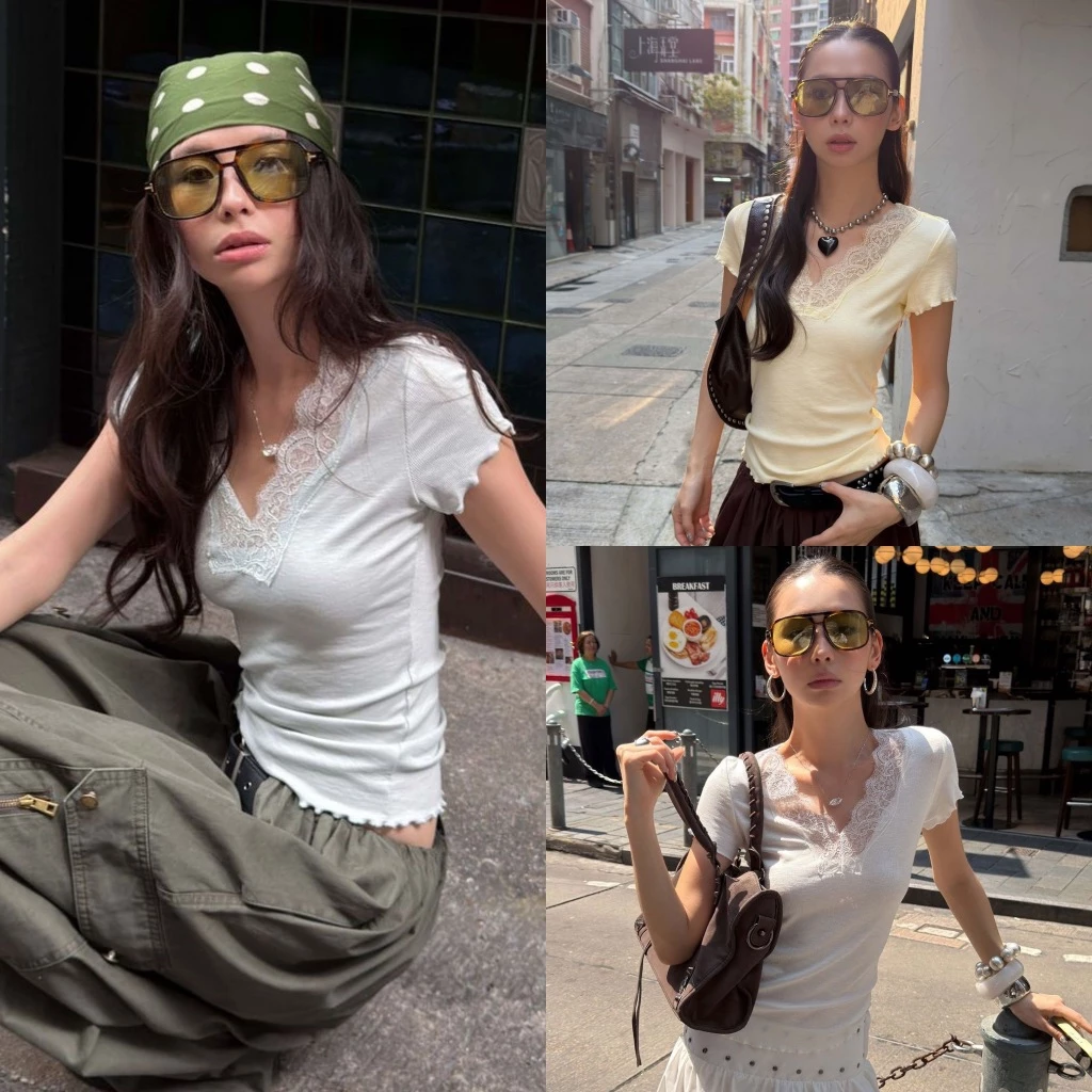 **พร้อมส่ง SML**BY0526 เสื้อแขนสั้นคอวีผ้าบางแต่งลูกไม้ ผ้าร่องนิ่มใส่สบาย benly co