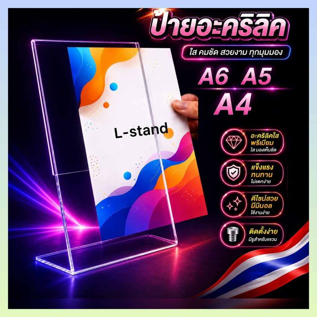 ป้ายอะคริลิคตั้งโต๊ะ L-stand ป้ายเมนู A4 A5 A6 โชว์1ด้าน (แนวตั้ง/แนวนอน)