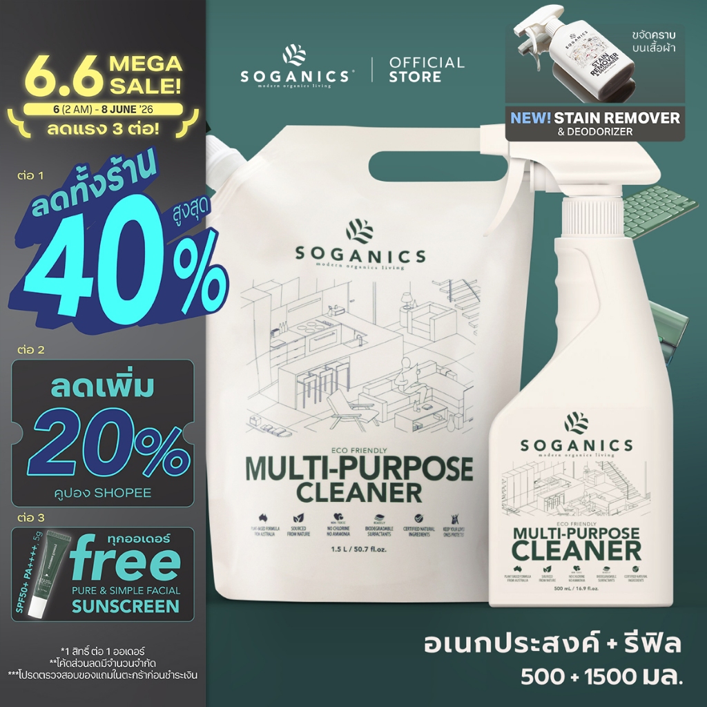 [แพคคู่] SOGANICS Multi-Purpose Cleaner น้ำยาทำความสะอาดอเนกประสงค์ (500ml + Refill 1.5ml)