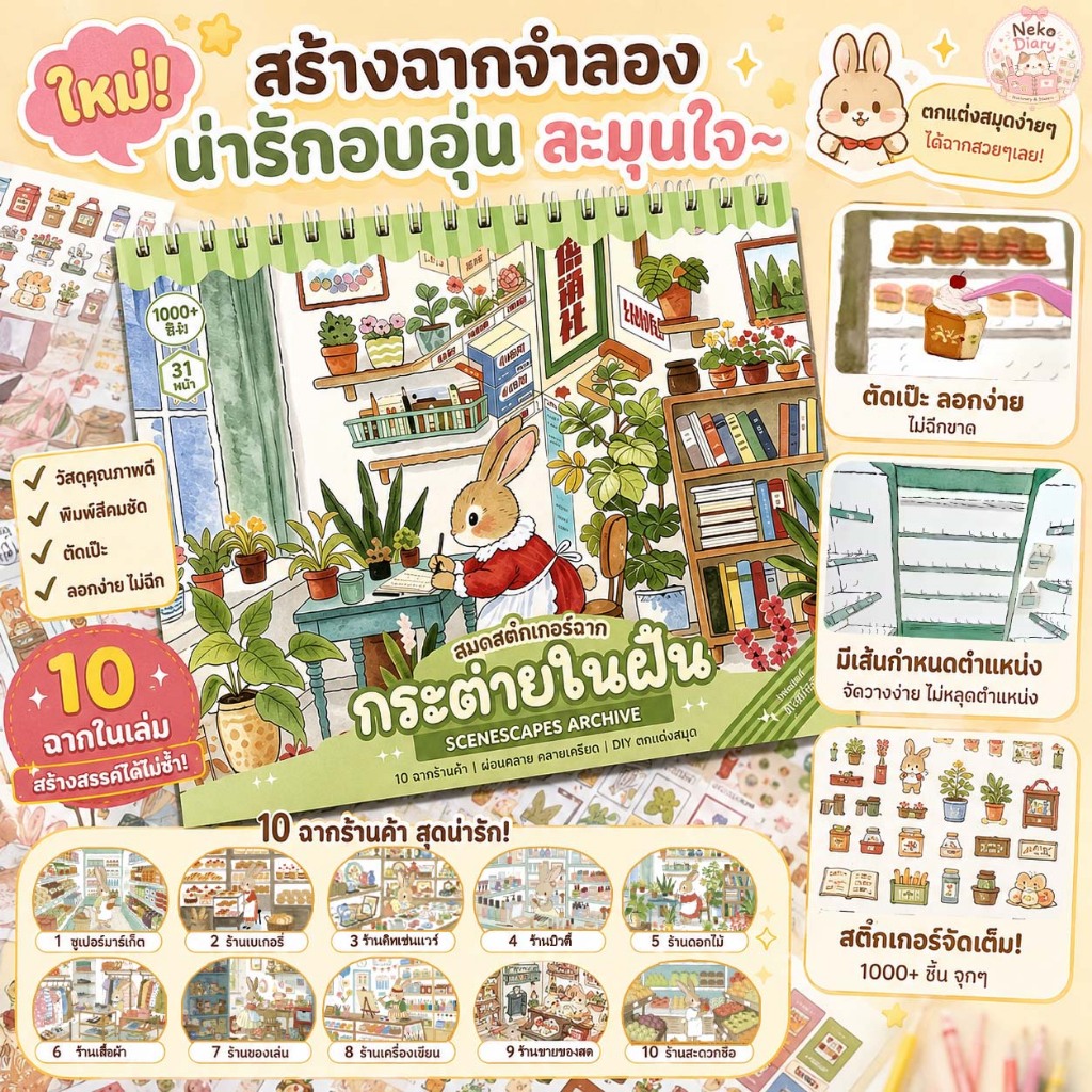 สติกเกอร์ฉากจิ๋วแบบเล่ม ซีรีส์ 3.0 ลายซูเปอร์มาร์เก็ตกระต่ายน่ารัก สำหรับงานฝีมือ DIY และตกแต่งสมุด