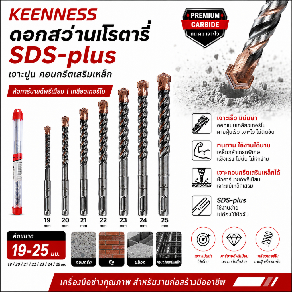 KEENNESS ดอกสว่านโรตารี่ SDS-plus ขนาด 19-25 มม. ยาว 110-350 มม. เจาะปูน คอนกรีตเสริมเหล็ก หัวคาร์ไบด์พรีเมียม