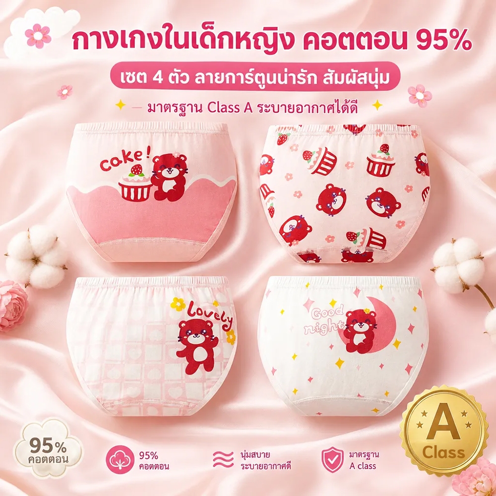 กางเกงในเด็กผู้หญิงสีชมพู ลายหมีการ์ตูนคิวท์ เกรดA ผ้าฝ้ายแท้95% ปลอดภัยสำหรับลูกสาว