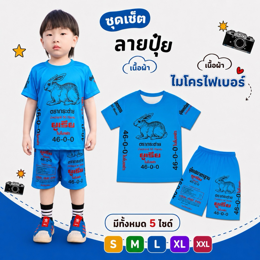 ชุดปูน ปุ๋ย คูโบต้า ชุดเด็กพิมพ์ลายปูน ปุ๋ย แขนสั้น ขาสั้น เนื้อผ้าไมโครไฟเบอร์ กระแส