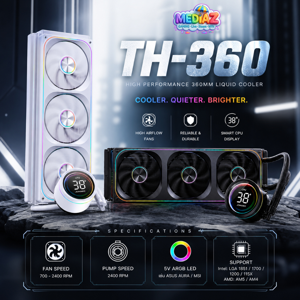 ชุดน้ำ เซตพัดลมARGBรุ่นใหม่ ซ่อนสาย จอดิจิทัล 3ตอน ไฟสวย สีดำ ขาว มม Jonsbo TH-360 Black mm