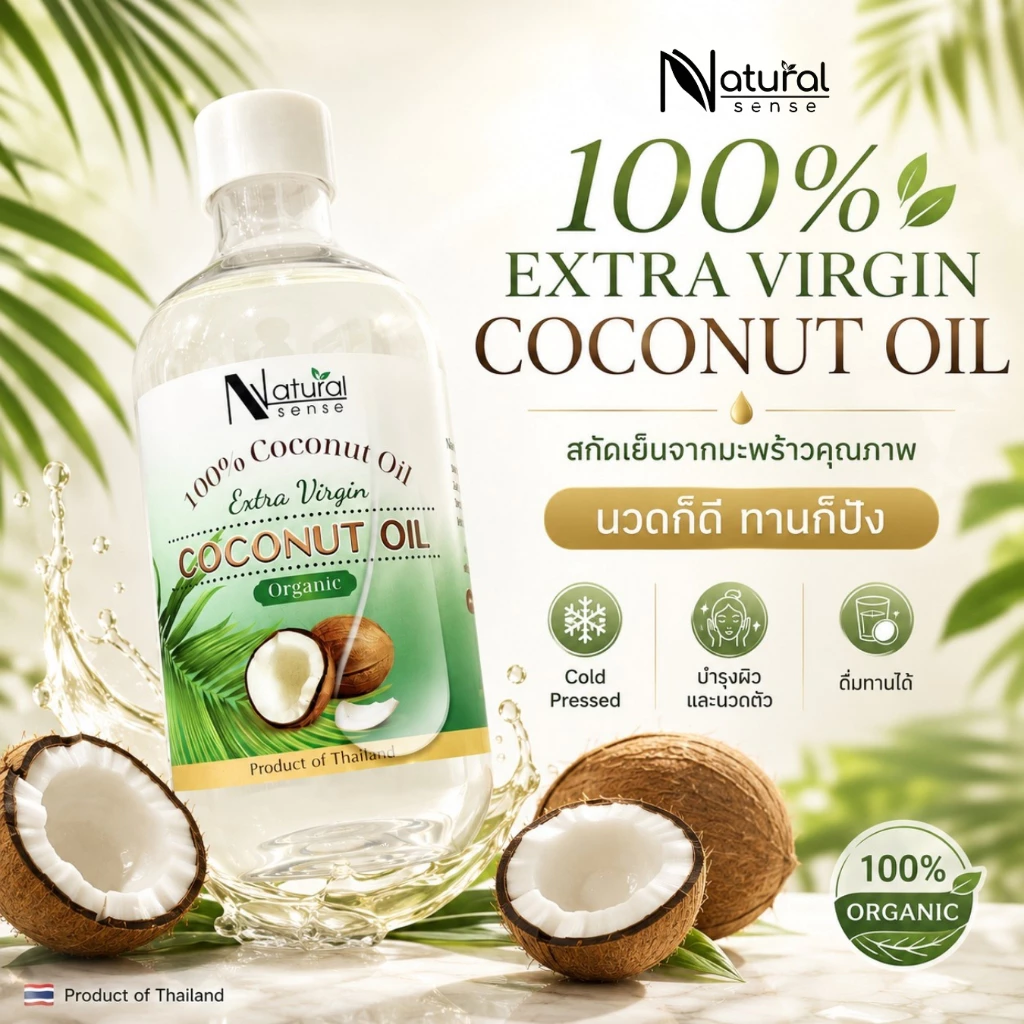 (X) น้ำมันมะพร้าวบริสุทธิ์สกัดเย็นออร์แกนิก เกรดพรีเมี่ยม NATURAL SENSE Virgin Coconut Oil