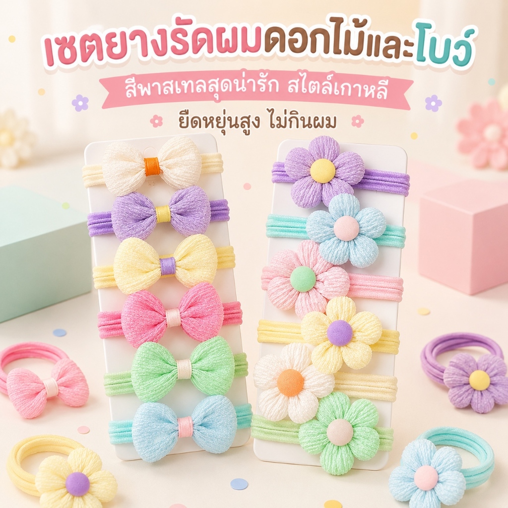 ยางรัดผมเด็กหญิง 6ชิ้น ลายดอกไม้โบว์ สีพาสเทล สไตล์เกาหลี นุ่มยืดหยุ่น ไม่ดึงผม ไม่เจ็บผม ทำผมน่ารัก ไปโรงเรียน