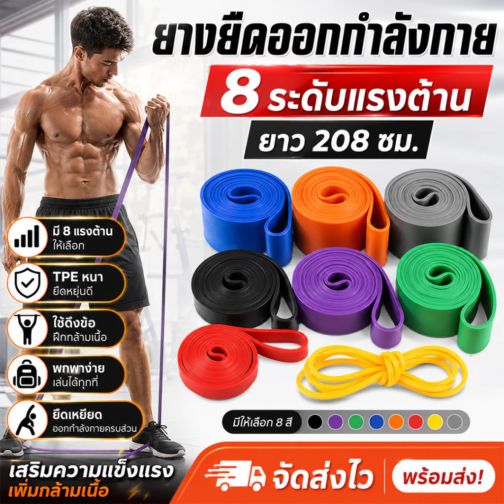 ยางยืดออกกำลังกาย Resistance Band 8 ระดับ TPE 🔥อัพเกรดใหม่🔥 ยางดึงข้อ บริหารกล้ามเนื้อ ยืดเหยียด 208ซม.