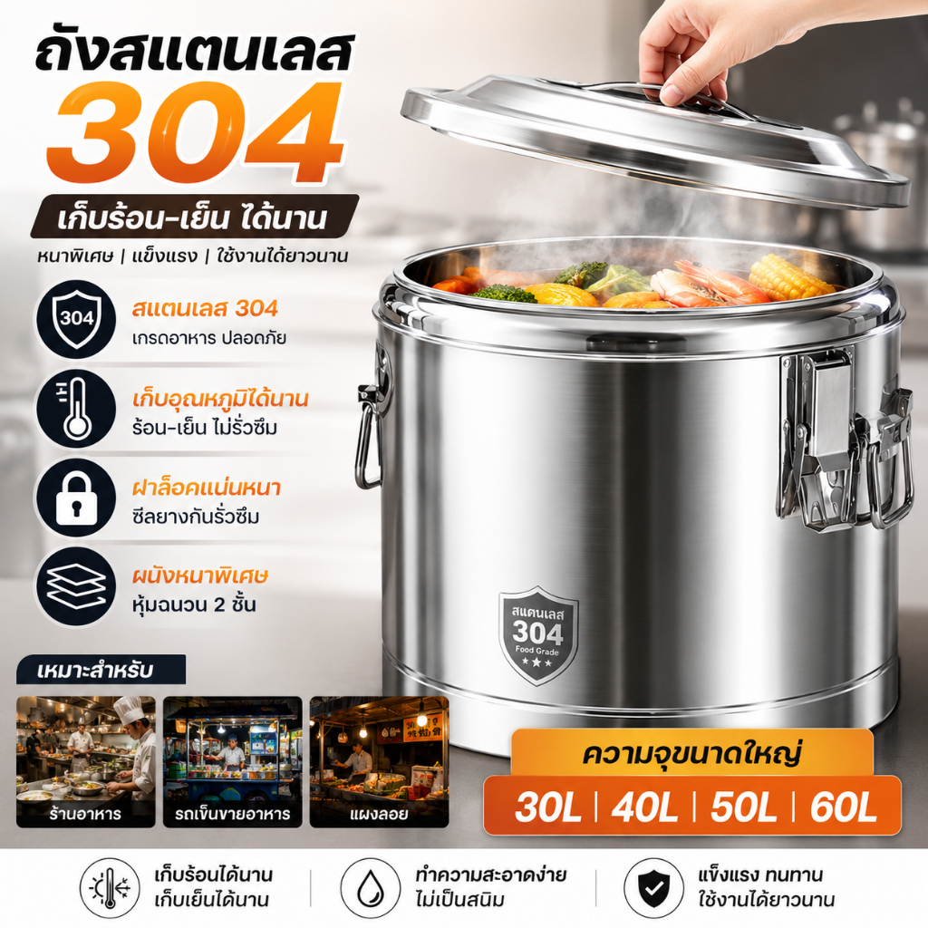 ถังสแตนเลส 304 หนาพิเศษ เก็บอุณหภูมิ 30L 40L 50L 60L สำหรับร้านอาหาร รถเข็นและแผงลอย ความจุใหญ่ เก็บร้อนเย็นได้นาน แข็งแ