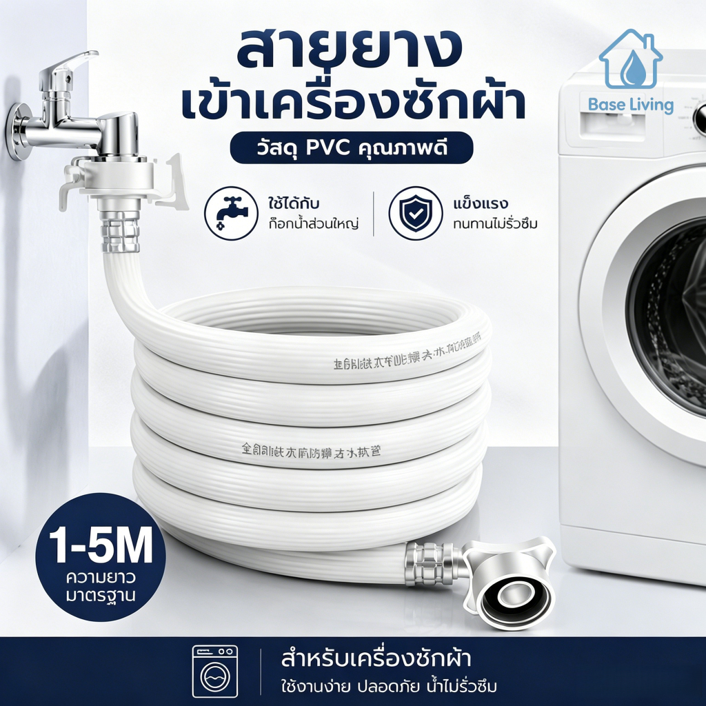 ท่อน้ำเข้าเครื่องซักผ้า PVC กันรั่วซึม ทนทาน ข้อต่อสากล ขนาด 1,1.5,2,3,5 เมตร ติดตั้งง่าย ใช้กับก๊อกทั่วไป