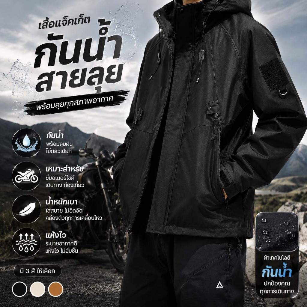 เสื้อแจ็คเก็ตกันน้ำกันฝนสำหรับขี่มอเตอร์ไซค์ ผู้ชาย เบา ระบายอากาศ แห้งไว กันลม ฮู้ด outdoor ใส่สบาย เที่ยว เดินป่า มี3ส