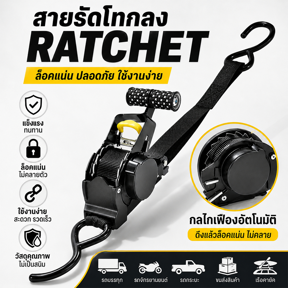 สายรัดของอัตโนมัติ Ratchet Tie Down Straps สายรัดกระเป๋าเดินทาง รัดมอเตอร์ไซค์ Heavy Duty แบบดึงกลับอัตโนมัติ 3.3M