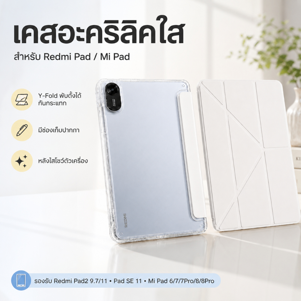 เคสอะคริลิคใส Redmi Pad2 9.7/11นิ้ว Pad SE 11นิ้ว Mi Pad 6/7/7Pro/8/8Pro Y-Fold พับได้กันกระแทก