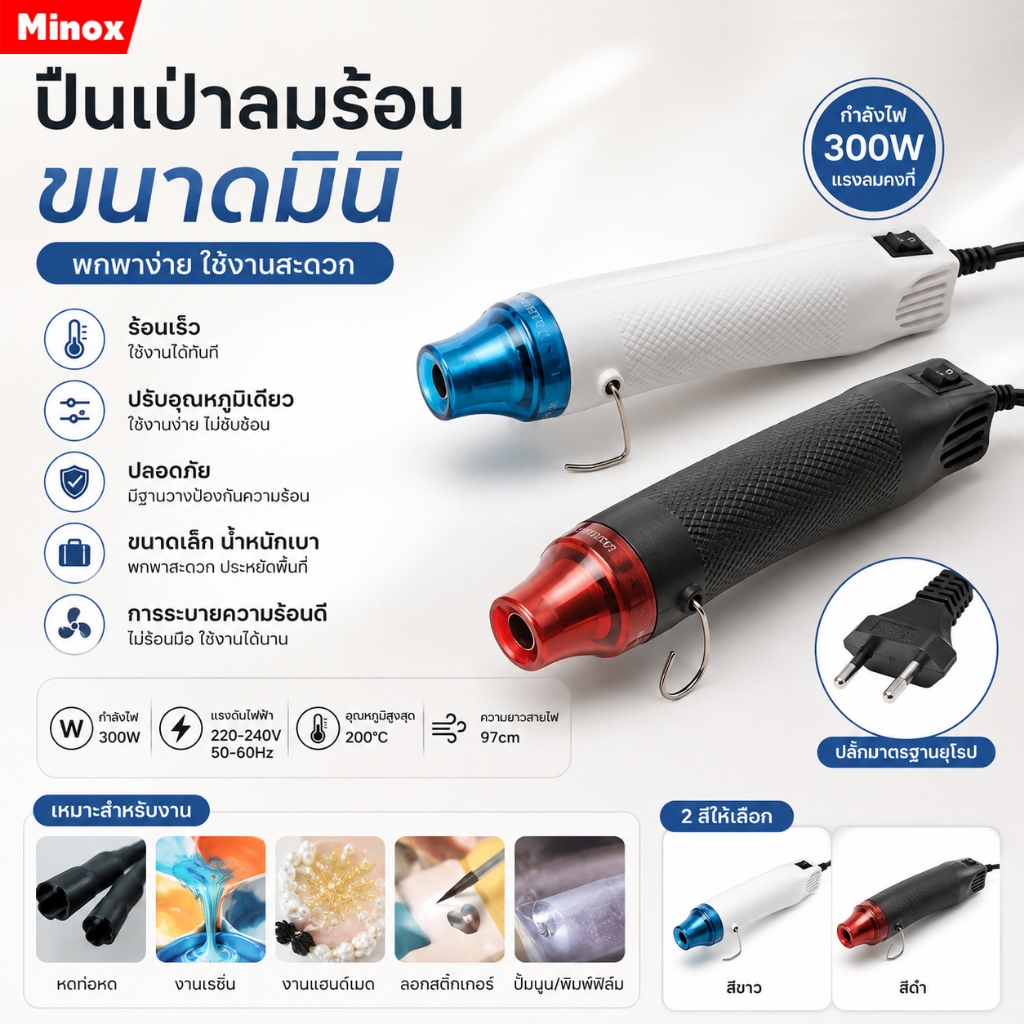 【พร้อมส่ง】ปืนเป่าลมร้อนขนาดเล็ก 300W 220V เครื่องเป่าลมร้อนแบบพกพา ใช้งานDIY ยางรัดรูป ลอกสติกเกอร์ อบแห้งเร็ว ใช้งานง่า