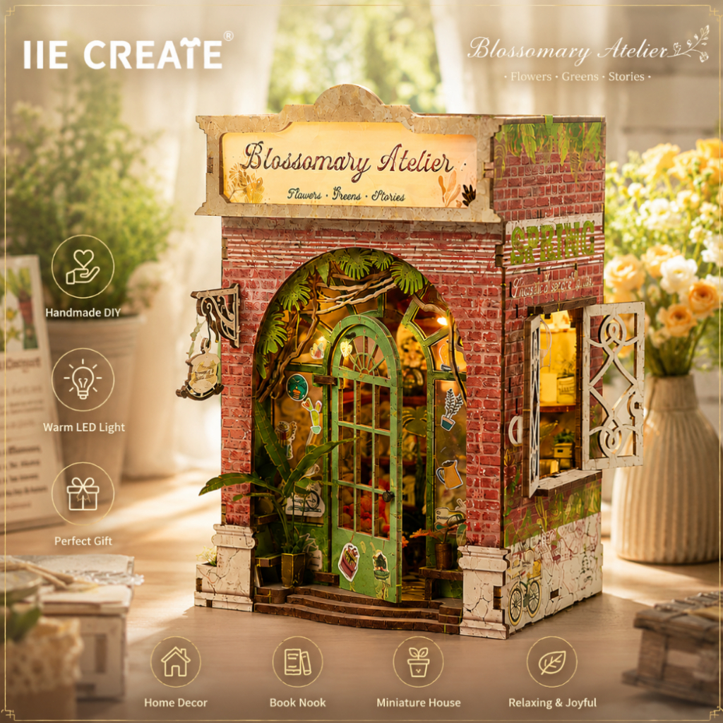 IIE CREATE SL-37 DIY บ้านตุ๊กตาร้านดอกไม้ 3D โมเดลไม้ประกอบ มีไฟ Book Nook ของตกแต่งชั้นหนังสือ ของขวัญแฮนด์เมดสำหรับนัก
