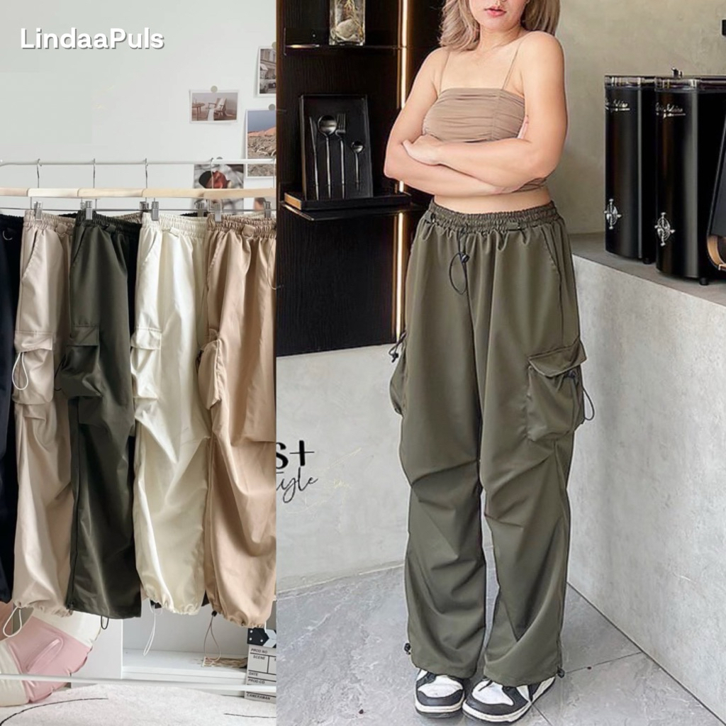 LindaaPlus-- กางเกงขายาวทรงเท่ห์สาวอวบอ้วน 🛒✨ ดีเทลแต่งกระเป๋าข้าง ช่วงขาปรับสายได้ ผ้านำเข้าต่างประเทศเนื้อดี ไม่บาง