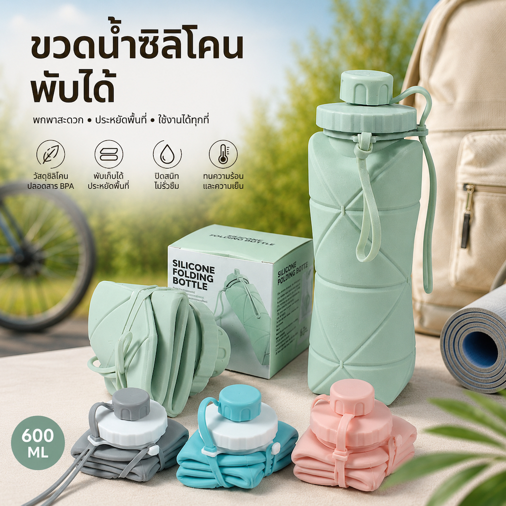 ขวดน้ำซิลิโคนพับได้ ขวดน้ำพกพา สำหรับกีฬากลางแจ้งและการเดินทาง แก้วแบบยืดหดได้ แก้วน้ำถือ