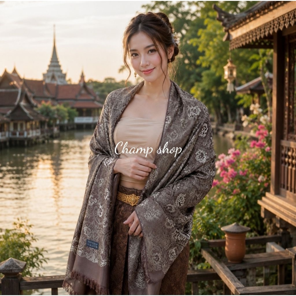 ผ้าพันคอ ผ้าคลุมไหล่ ผ้าแพรไหม เนื้อผ้าทิ้งตัวลื่นๆ ลายไทยกนก ของฝากผู้ใหญ่
