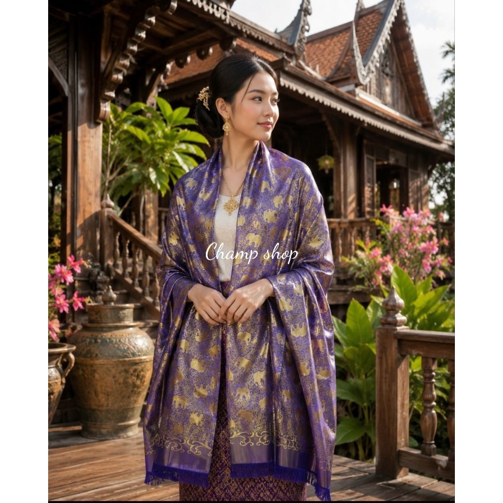 ผ้าพ้นคอ ผ้าคลุมไหล่ ผ้าแพรไหม ลายข้าง เนื้อผ้าลื่นๆทิ้งตัว เป็นของขวัญ ของฝาก