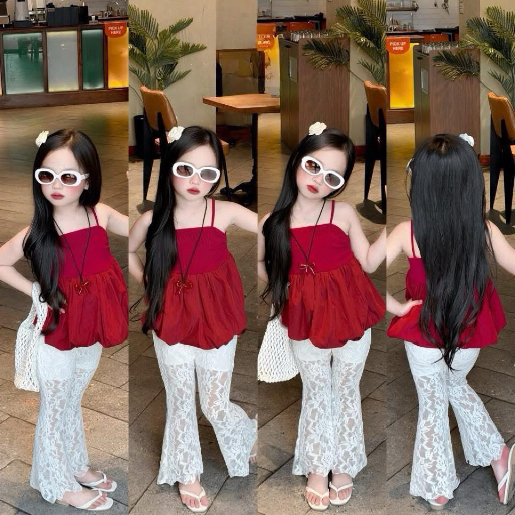 เสื้อผ้าแฟชั่นเด็ก ชุดเซ็ตลูกสาวสีแดงสายเดี่ยว+กางเกงลูกไม้
