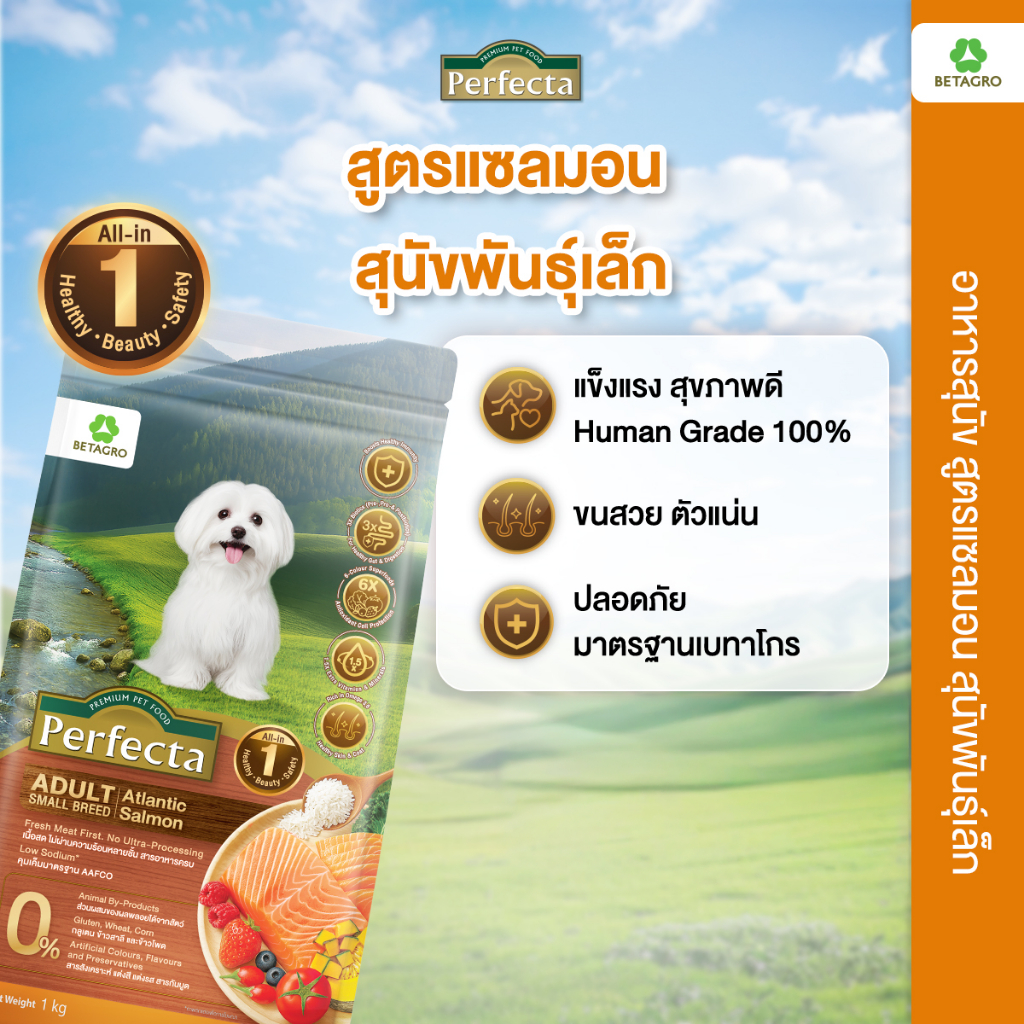 Perfecta อาหารสุนัข เกรดพรีเมี่ยม สุนัขโต พันธุ์เล็ก 1 ปี ขึ้นไป สูตรแซลมอน เนื้อสดแท้ Human grade ขนาด 3 กก.
