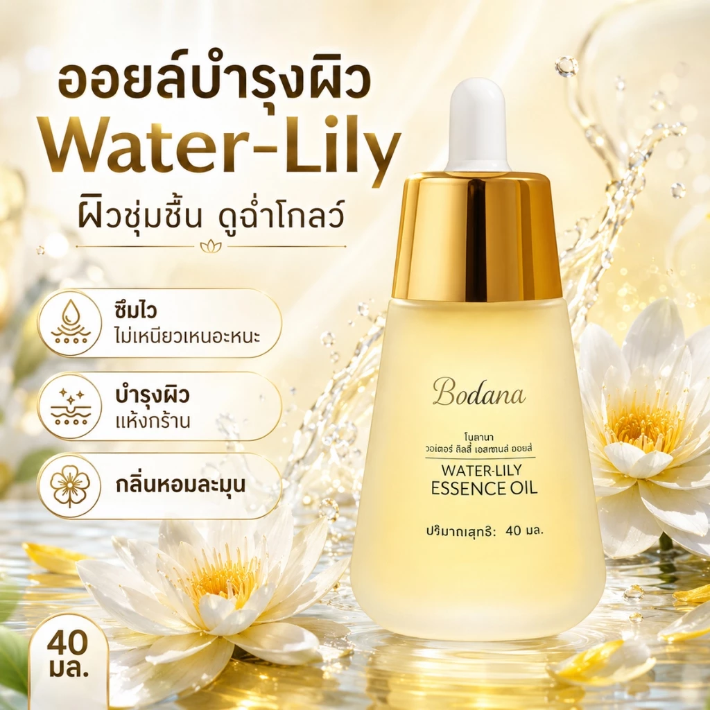 BODANA วอเตอร์ ลิลลี่ เอสเซนส์ ออยล์ สกินแคร์ ผิว ใบหน้า ความชุ่มชื้น ออยล์บำรุงผิวหน้าจากดอกบัวขาว