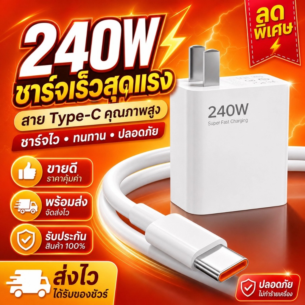 ชุดชาร์จเร็ว 240W สายชาร์จเร็ว+หัวชาร์จ Fast Charge หัวชาร์จ สายชาติเร็ว type c 6A ซูเปอร์แฟลชชาร์จ