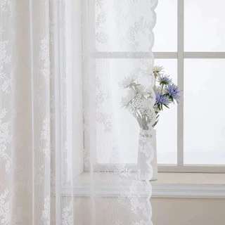 ม่านสีขาว ผ้าม่านโปร่งแสงสีขาว ลายดอกไม้ ผ้าม่านตีนตุ๊กแก ม่านสอดลวด ใช้กับชุดราว ประตูสีขาว คาเฟ่นิยม ถ่ายรูปสวย