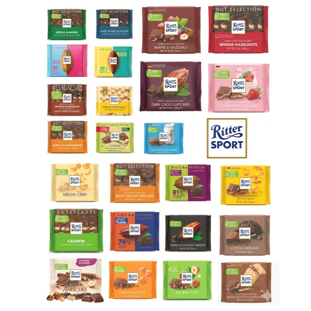 Ritter Sport  Bar ช็อกโกแลตรูปทรงสี่เหลี่ยม น้ำหนัก 100 กรัม  มี 20 กว่ารสชาติ สินค้าจากเยอรมัน